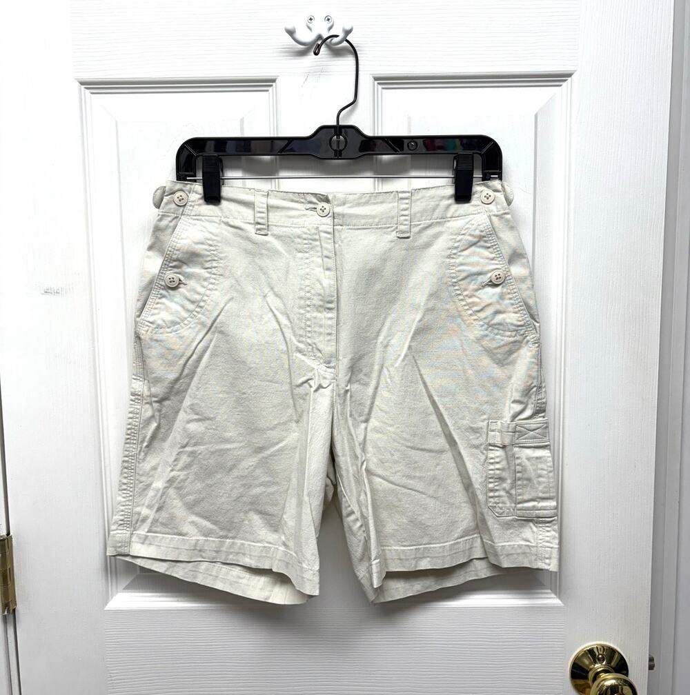 VTG Talbots Shorts Tan Stretch Cotton Phone Side Pocket Flat Front Womens Size 6